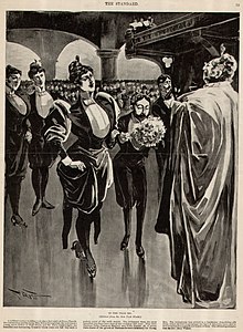 Black and white cartoon of a tall woman in a tailcoat and knee-length skirt, and a short man delicately holding a bouquet. They stand together in front of a robed female reverend, about to be married. Behind the couple are two similarly attired same-sex pairs.