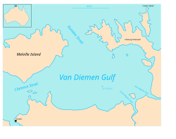 Carte du golfe de Van Diemen montrant le détroit de Clarence à l'ouest.