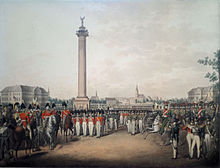 Défilé de l’armée royale hanovrienne sur la place Waterloo à Hanovre, gravure colorée, v. 1840.