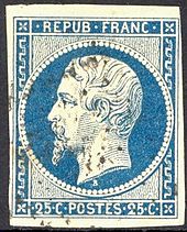 Timbre de 25 centimes représentant le profil gauche de Napoléon III en blanc sur fond bleu.