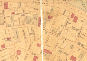 Detail of 1869 map of Boston, showing Boston Theatre on Washington Street