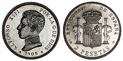 Afonso XIII. 2 Pesetas (1905).[22]