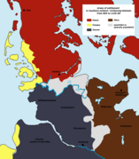 Colonización frisona de la costa suroeste de Jutlandia durante la era vikinga (amarillo)