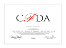 CFDA Esteemed Member Certificate given to Isaac Manevitz in 2008