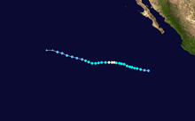 A map of the path of a hurricane well off the Pacific coast of Mexico. It generally moves west-northwestward, except for a portion midway through its track where the system moves nearly due west.