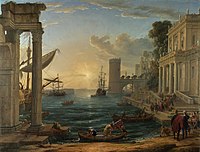 The Embarkation of the Queen of Sheba, a 1648 painting by Claude Lorrain showing the arrival of the Queen of Sheba on 17th-century sailing ships, with Renaissance-style buildings.