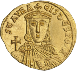 An image of a golden coin bearing the front-facing image of Staurakios, who is adorned with imperial regalia