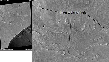 Inverted Channels near Juventae Chasma, as seen by HiRISE. Channels were once regular stream channels. Image in Coprates quadrangle. Scale bar is 500 meters long.
