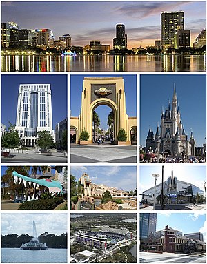 Top row: Downtown Orlando; 2nd row: Orange County Courthouse, Universal Studios Florida, Walt Disney World; 3rd row: Gatorland, SeaWorld Orlando, Amway Center; 4th row: Lake Eola fountain, Camping World Stadium, Church Street Station