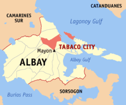 Map of Albay with Tabaco highlighted