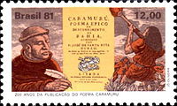 A 1981 Brazilian stamp celebrating the 200th anniversary of Caramuru's publication; a fictionalized depiction of Durão can be seen at the left, and Diogo Álvares Correia at the right