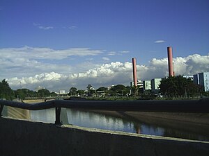 O rio visto da Via Professor Simão Faiguenboim, em sua foz no Rio Tietê. Percebe-se a calha do rio, a qual abrange apenas o seu término