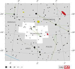 Diagram showing star positions and boundaries of the Triangulum constellation and its surroundings