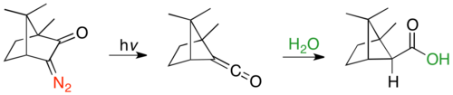 Ring contraction of α-diazocamphor via Wolff-rearrangement, followed by hydration from more sterically accessible endo face.