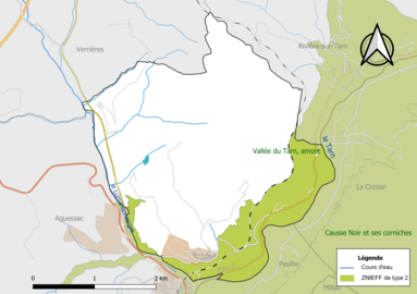 Carte de la ZNIEFF de type 2 de la commune.