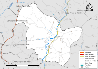 Carte en couleur présentant le réseau hydrographique de la commune