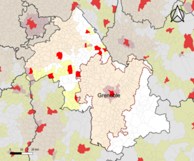 Localisation de l'aire d'attraction de Grenoble dans le département de l'Isère.