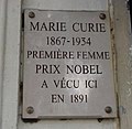 N° 92 : domicile de Marie Curie en 1891.