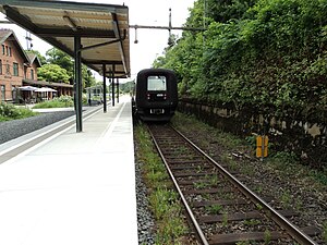 Bild på ett Öresundståg av typen X31 som gör uppehåll vid Båstads Södra station sommaren 2010.