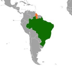 Mapa indicando localização do Brasil e da Guiana.