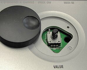 Electronic equipment controls are often implemented with a knob attached to a mechanical encoder (shown with detached knob)