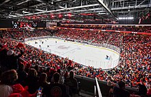 ice rink surrounded by stands filled with fans, hockey players on the ice