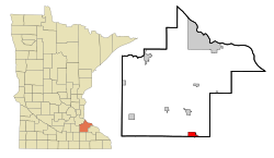 Location of Pine Island within Goodhue and Olmsted Counties in the state of Minnesota