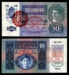 Ten Hungarian korona at Paper money of the Hungarian korona, by the Austro-Hungarian Bank and the Kingdom of Hungary