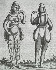 Una ilustración renacentista de frente y de espalda de un hermafrodita, mostrando a una persona con características faciales femeninas, pechos y lo que parece ser un pequeño penis o gran clítoris. Lleva una pequeña capucha y una toga atada en varios puntos alrededor de las piernas, que se abre por el frente. La apariencia por la parte trasera es de una concha de algún tipo, en la que faltan dos rectángulos en la cabeza y el torso. No tiene glúteos.