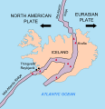 Image 12Mid-Atlantic Ridge and adjacent plates. Volcanoes indicated in red. (from History of Iceland)