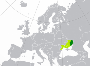 진한 녹색: 도네츠크 및 루간스크 인민공화국이 주장하는 영토 밝은 녹색: 노보로시야의 주장 범위
