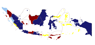 Dark blue denotes those won by Yudhoyono/Kalla, red denotes provinces won by Megawati/Hasyim, yellow denotes provinces won by Wiranto/Wahid,light blue denotes provinces won by Rais/Siswono.