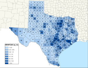 Distribuição de NRHPs nos condados do Texas.