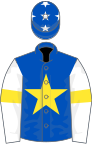 Royal blue,yellow star,white sleeves,yellow armlet,royal blue cap,white stars