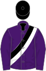 Purple, black and white sash, black cap