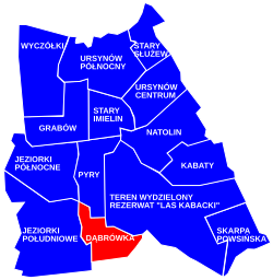 Location of the City Information System area of Dąbrówka within the district of Ursynów.