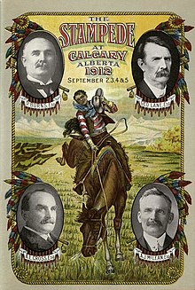 A poster featuring a man riding a bucking horse on an open prairie field. In each corner is a photograph of four different middle-aged well-dressed gentlemen.