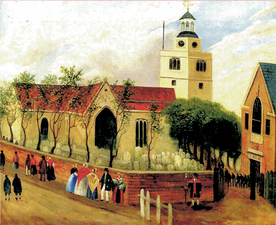 Painting of Latymer Charity School (right) in churchyard of St Paul's, Hammersmith, between 1756 and 1862