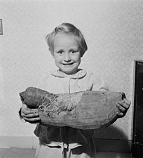 Enfant avec un sabot contenant une carotte et de la paille, à la Saint-Nicolas 1953.