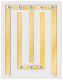 A stripline circuit consisting of a number of long parallel vertical lines. There are two horizontal lines with numerous short-circuit straps fed through holes to the board's ground plane. The vertical lines are alternately connected to the top and bottom horizontal lines. The free end of the first and last horizontal lines form the input and output respectively.