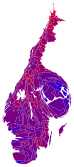 Cartogram of the vote with each municipality rescaled in proportion to the number of valid votes. Deeper blue represents a relative majority for Alliance for Sweden, brighter red represents a relative majority for the Red-Green bloc.