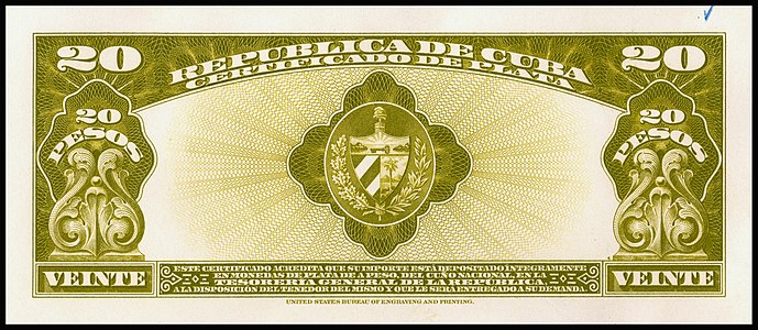 Twenty-peso silver certificate from the 1936 series, certified proof reverse, by the Bureau of Engraving and Printing