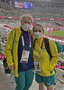 Lynne Anderson (left) with Kate McLoughlin (chef-de-mission Australian Paralympic team) at the Tokyo 2020 Paralympic Games