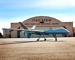 An MQ-9A Reaper of the 174th Attack Wing on tarmac at Hancock Field ANGB.