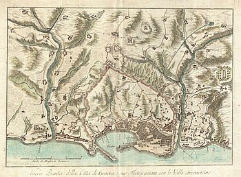 Sepia-tone map is labeled Nuova Pianta della Citta di Genova e sue Fortificazione con le Valli circonvicine.