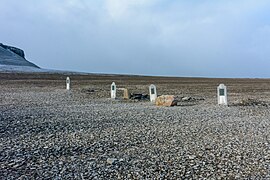 The four graves at Franklin Camp near the harbour on Beechey Island, Nunavut, Canada.