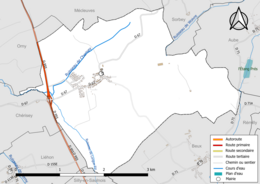 Carte en couleur présentant le réseau hydrographique de la commune