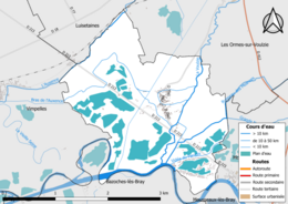 Carte en couleur présentant le réseau hydrographique de la commune