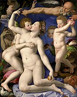 布龍齊諾的《維納斯、丘比特、愚蠢與時間》，146 × 116cm，約作於1545年，自1860年起收藏[52]