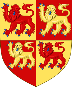 Blazoned quarterly Or and gules, four lions counterchanged langued and armed azure.